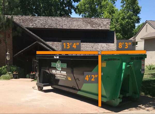 10-yard driveway-friendly dumpster rental in Oklahoma City from Junk Boss with labeled dimensions for residential and remodeling projects.
