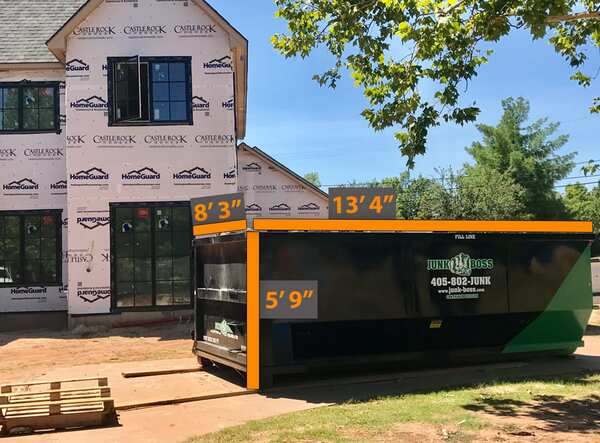 15-yard dumpster rental in Oklahoma City by Junk Boss with labeled dimensions for medium-sized junk removal and remodeling projects.