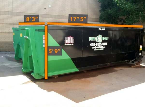 22-yard roll-off dumpster rental in Oklahoma City from Junk Boss with labeled dimensions, ideal for large cleanouts and construction debris.