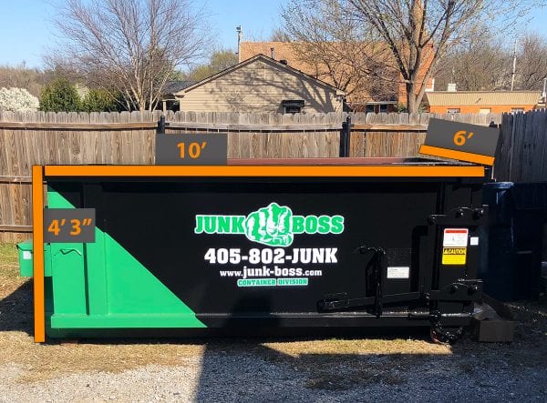 6-yard dumpster rental in Oklahoma City from Junk Boss with labeled dimensions for residential use.