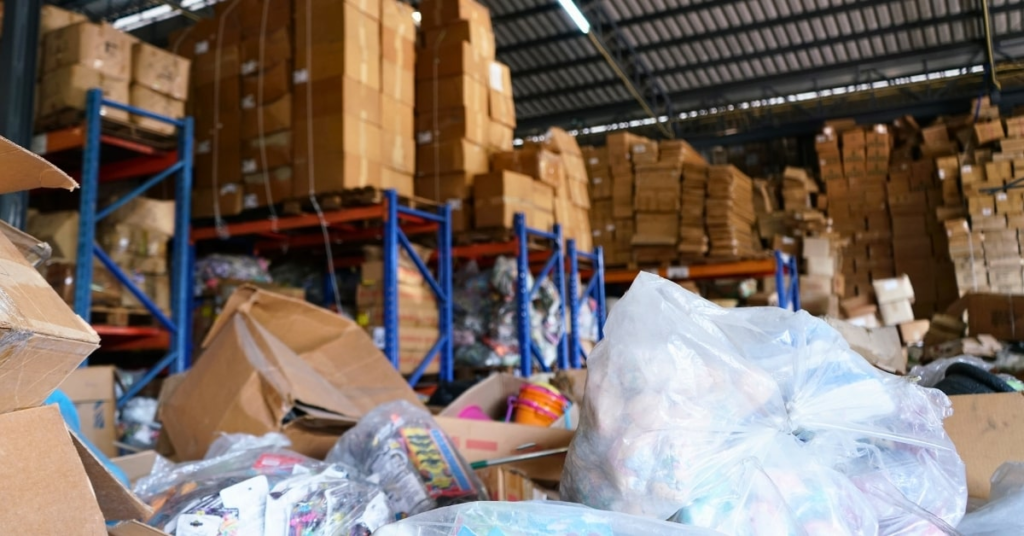 Overflowing boxes and debris in a cluttered warehouse in Oklahoma City.