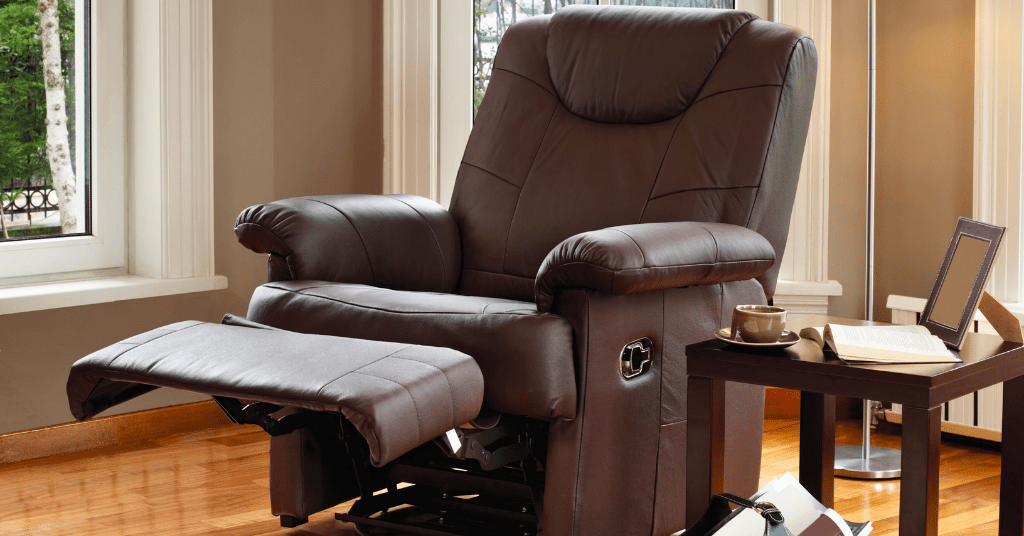 Leather recliner chair prepared for removal and disposal in Oklahoma City, OK.